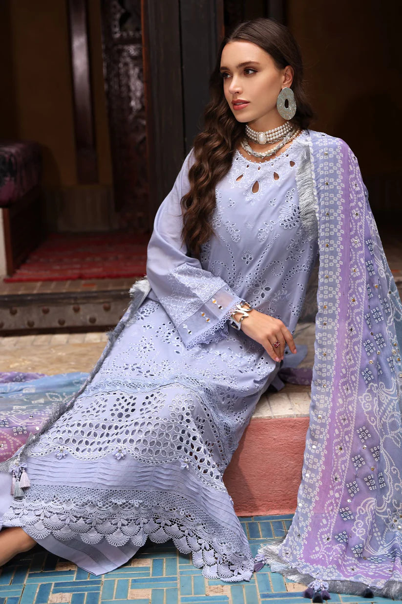 NUREH-3PC LAWN CHIKANKARI EMBROIDERED SHIRT WITH MONARK PRINTED DUPATTA AND EMB TRPUSER