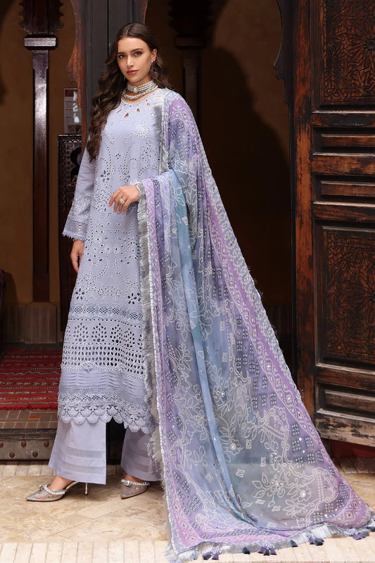 NUREH-3PC LAWN CHIKANKARI EMBROIDERED SHIRT WITH MONARK PRINTED DUPATTA AND EMB TRPUSER