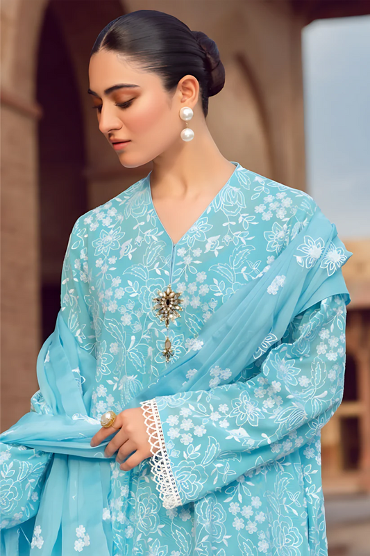 MARIA.B-3PC LAWN EMBROIDERED SHIRT WITH CHIFFON EMBROIDERED DUPATTA AND TROUSER