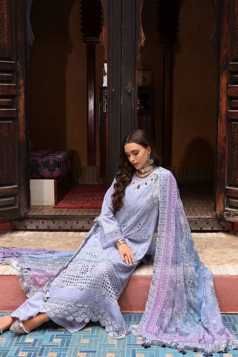 NUREH-3PC LAWN CHIKANKARI EMBROIDERED SHIRT WITH MONARK PRINTED DUPATTA AND EMB TRPUSER