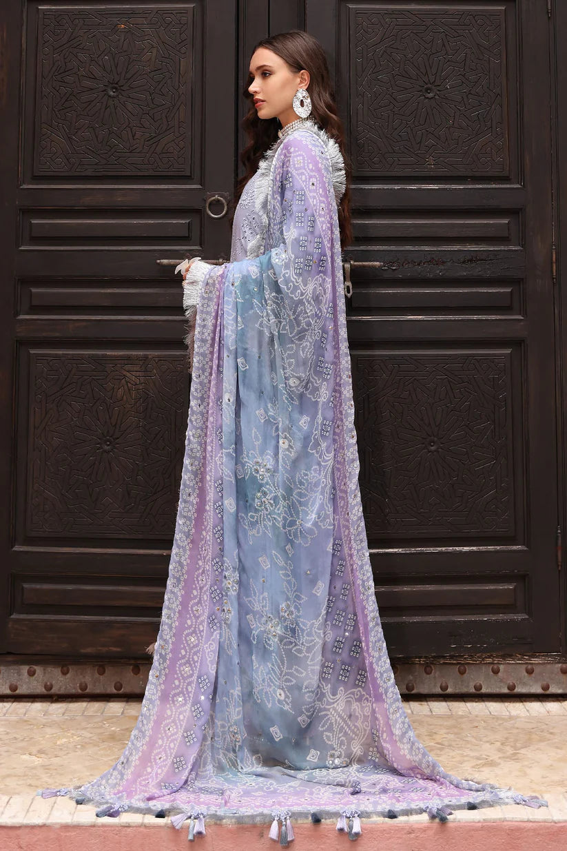 NUREH-3PC LAWN CHIKANKARI EMBROIDERED SHIRT WITH MONARK PRINTED DUPATTA AND EMB TRPUSER