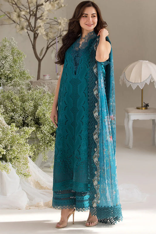 SOBIA NAZIR-3PC LAWN LASERCUT EMBROIDERED SHIRT WITH COTTON NET PRINT DUPATTA AND TROUSER