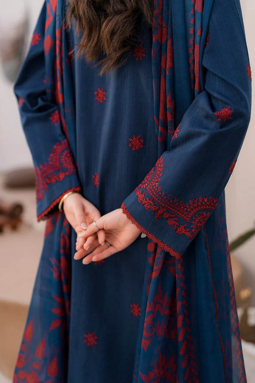 JAZMIN- 3PC LAWN EMBROIDERED SHIRT WITH MONARK PRINT DUPATTA & TROUSER