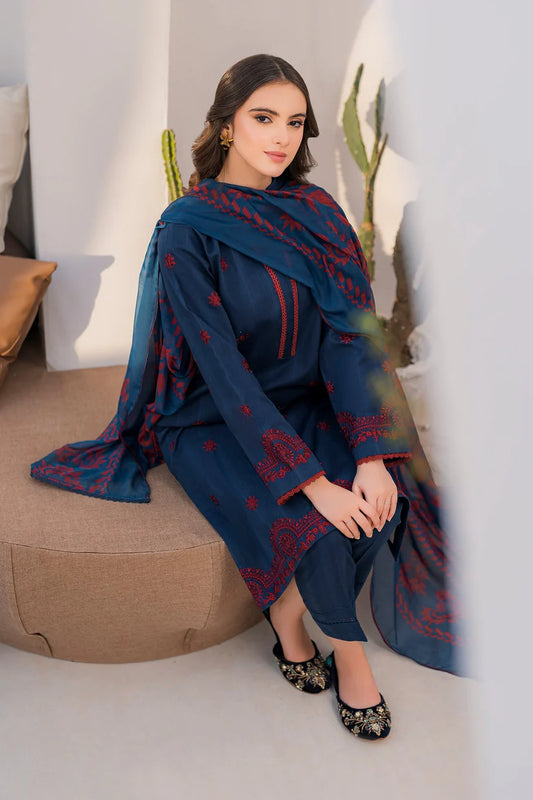 JAZMIN- 3PC LAWN EMBROIDERED SHIRT WITH MONARK PRINT DUPATTA & TROUSER