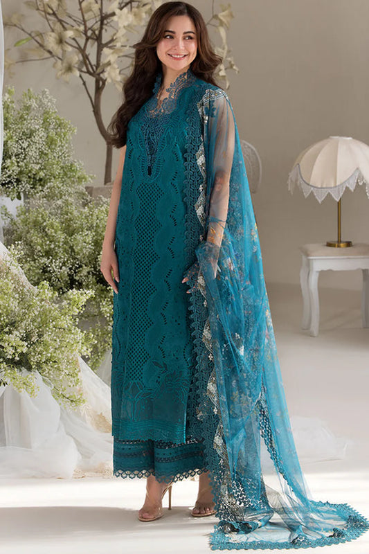 SOBIA NAZIR-3PC LAWN LASERCUT EMBROIDERED SHIRT WITH COTTON NET PRINT DUPATTA AND TROUSER