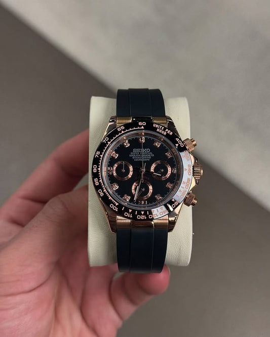 Luxury Seiko Chronograph Watch – Black & Rose Gold