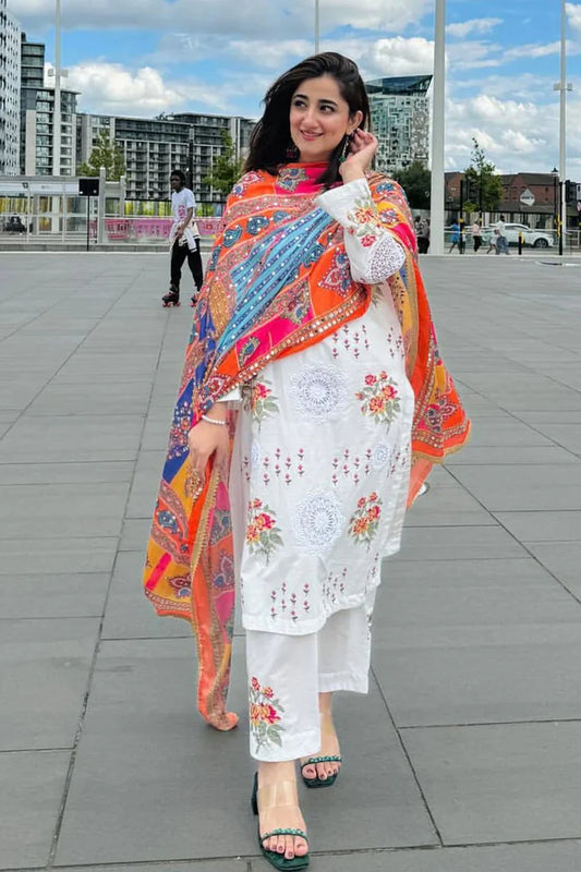 NIMRA MEHRA-3PC LAWN EMBROIDERED SHIRT WITH MONARK PRINTED DUPATTA & EMB TROUSER